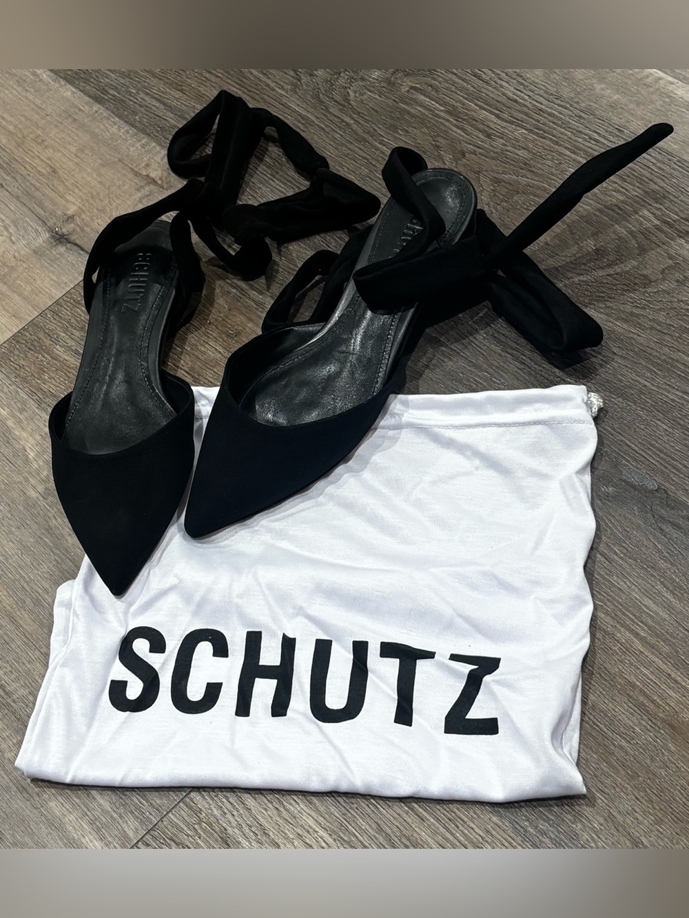 NIB Schutz Barbrah Pointed Toe Ankle Tie Flats Sz 6 Black Suede Preppy Academia